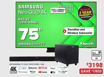 Visions Electronics Samsung native 120hz panel 75" qn90ba smart tv offer