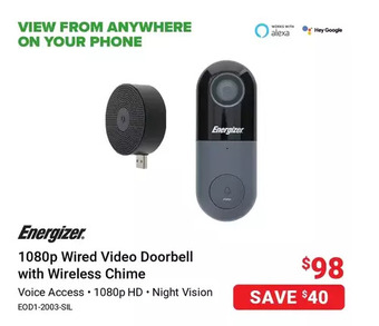 Visions Electronics Energizer 1080p wired video doorbell with wireless chime offer