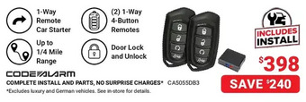 Visions Electronics Code alarm complete install and parts, no surprise charges offer