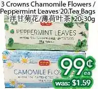 Ample Food Market 3 crowns chamomile flowers/ peppermint leaves tea bags offer