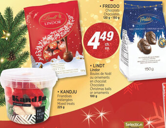Jean Coutu Kandju Mixed Treats 225g, Lindt Lindor Chocolate Christmas Balls or Ornaments 100 g and Freddo Chocolates 120 g- 150 g offer