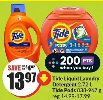FreshCo Tide Liquid Laundry Detergent 2.72 L Tide Pods 838-967 g offer