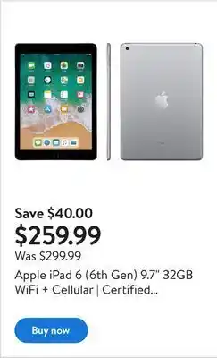 Walmart Apple ipad 6 (6th gen) 9.7" 32gb wifi + cellular | certified refurbished offer