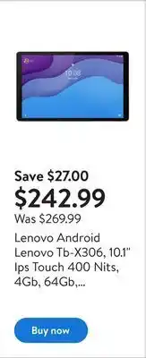 Walmart Lenovo android lenovo tb-x306, 10.1" ips touch 400 nits, 4gb, 64gb, android 10 offer