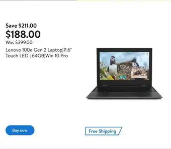 Walmart Lenovo 100e gen 2 laptop|11.6" touch led | 64gb|win 10 pro offer