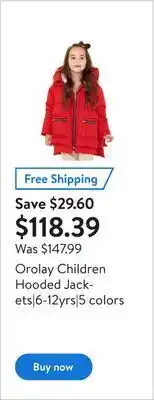 Walmart Orolay children hooded jackets|6-12yrs|5 colors offer