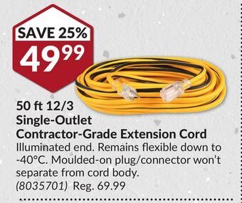 Princess Auto 50 ft 12/3 single-outlet contractor-grade extension cord offer