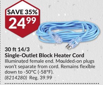 Princess Auto 30 ft 14/3 single-outlet block heater cord offer