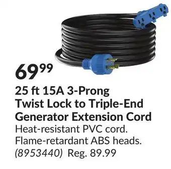 Princess Auto 25 ft15a 3-prong twist lock to triple-end generator extension cord offer