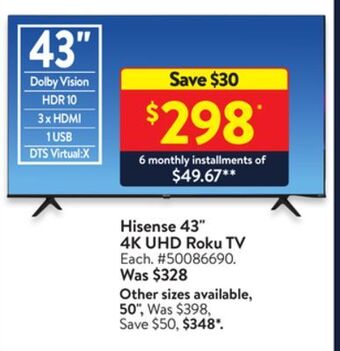 Walmart Hisense 43" 4k uhd roku tv offer