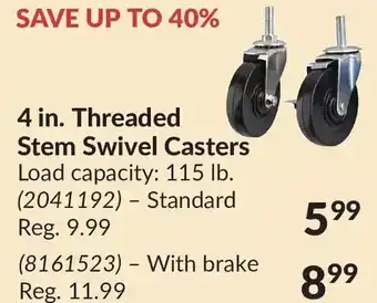Princess Auto 4 in. threaded stem swivel casters standard | with brake offer