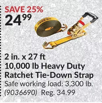 Princess Auto 2 in. x 27 ft 10,000 lb heavy duty ratchet tie-down strap offer