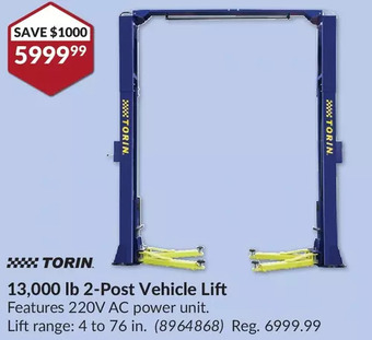 Princess Auto Torin 13,000 lb 2-post vehicle lift offer