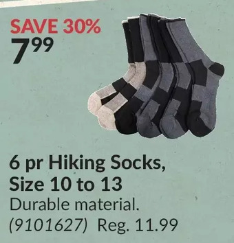 Princess Auto 6 pr hiking socks, size 10 to 13 offer