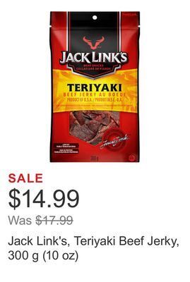 Costco Jack link's, teriyaki beef jerky, 300 g (10 oz) offer