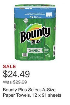 Costco Bounty plus select-a-size paper towels, 12 x 91 sheets offer