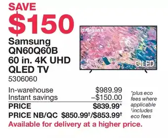 Costco Samsung qn60q60b 60in. 4k uhd qled tv offer
