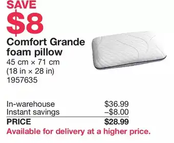 Costco Comfort grande foam pillow offer
