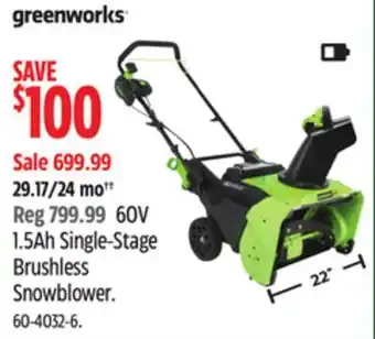 Canadian Tire Greenworks 1.5ah single-stage brushless snowblower offer