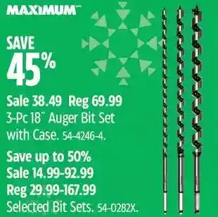 Canadian Tire Maximum 3-pc 18" auger bit set with case | bit sets offer