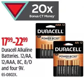 Canadian Tire Duracell alkaline batteries. 12/aa, 12/aaa, 8c, 8/d and four 9v offer