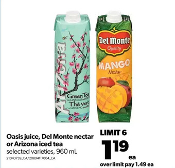 Real Canadian Superstore Oasis juice, del monte nectar or arizona iced tea offer