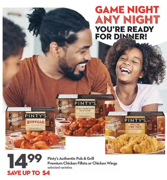 Longo's Pinty's authentic pub & grill premium chicken fillets or chicken wings offer