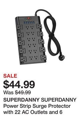 Newegg Superdanny power strip surge protector with 22 ac outlets and 6 usb charging ports 2100 joules 6.5ft flat plug offer