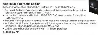 Long & McQuade Universal audio apollo solo thunderbolt 3 audio interface - heritage edition offer
