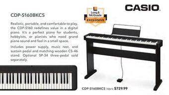 Long & McQuade Casio cdp-s160cs 88-key digital piano with stand offer
