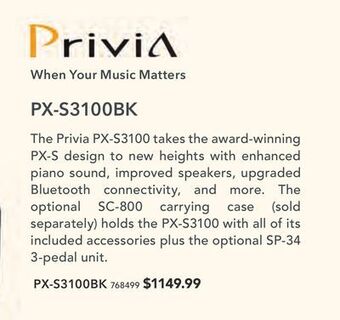 Long & McQuade Casio privia px-s3100 88-key digital piano - black offer