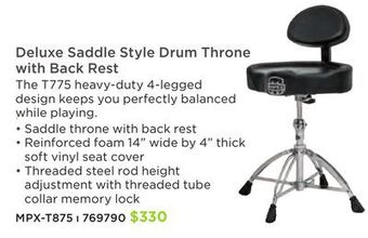 Long & McQuade Mapex t875 saddle top drum throne with back rest and double-braced quad legs offer