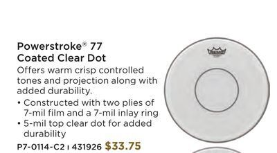 Long & McQuade Remo powerstroke 77 coated snare drum batter head w/clear dot - 14 inch offer