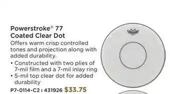 Long & McQuade Remo powerstroke 77 coated snare drum batter head w/clear dot - 14 inch offer
