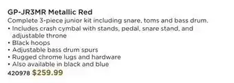Long & McQuade Junior 3-piece drum kit (16,10,sd) with cymbals and hardware - metallic red offer