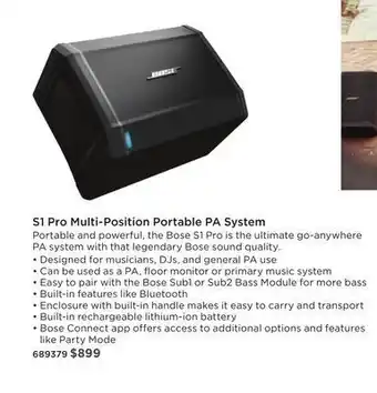 Long & McQuade Bose professional products s1 pro pa system with bluetooth & battery offer