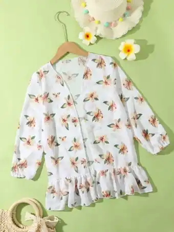 SheIn Girls floral print flounce hem kimono offer