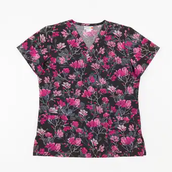 Giant Tiger White cross women's scrub top with pink floral print, black offer