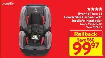 Walmart Evenflo titan 65 convertible car seat with suresafe installation offer