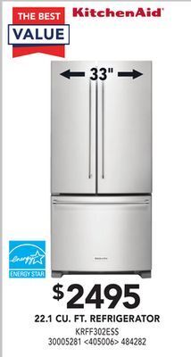 Lowe's Kitchenaid 22.1 cu. ft. refrigerator 33" offer