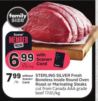 Sobeys Sterling silver fresh boneless inside round oven roast or marinating steaks offer