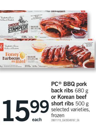 Fortinos Pc® bbq pork back ribs, 680 g or korean beef short ribs, 500 g offer