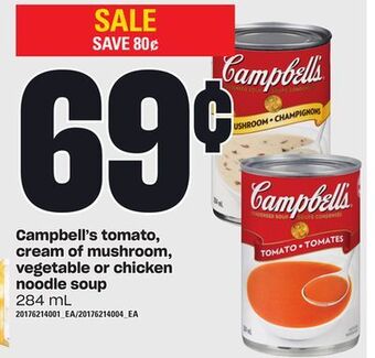Loblaws Campbell's tomato, cream of mushroom, vegetable or chicken noodle soup, 284 ml offer