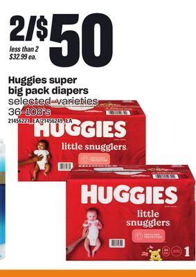 Loblaws Huggies super big pack diapers, 36-108's offer