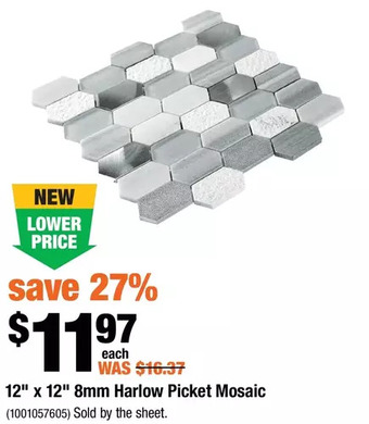 Home Depot 12" x 12" 8mm harlow picket mosaic offer