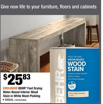 Home Depot Behr fast drying water-based interior wood stain in white wash pickling offer
