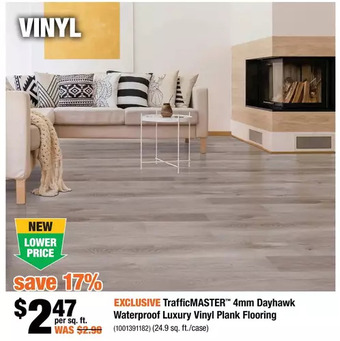 Home Depot Trafficmaster 4mm dayhawk waterproof luxury vinyl plank flooring offer
