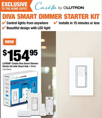 Home Depot Lutron caséta diva smart dimmer starter kit with smart hub offer