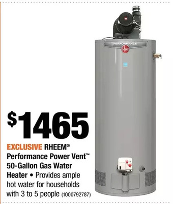 Home Depot Rheem performance power vent 50-gallon gas water heater offer