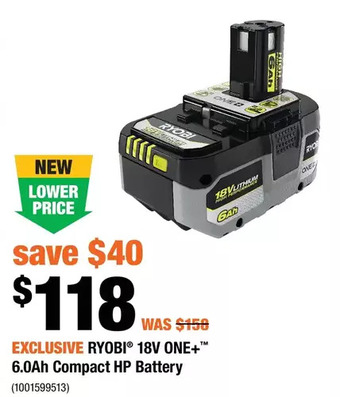 Home Depot Ryobi 18v one+ 6.0ah compact hp battery offer
